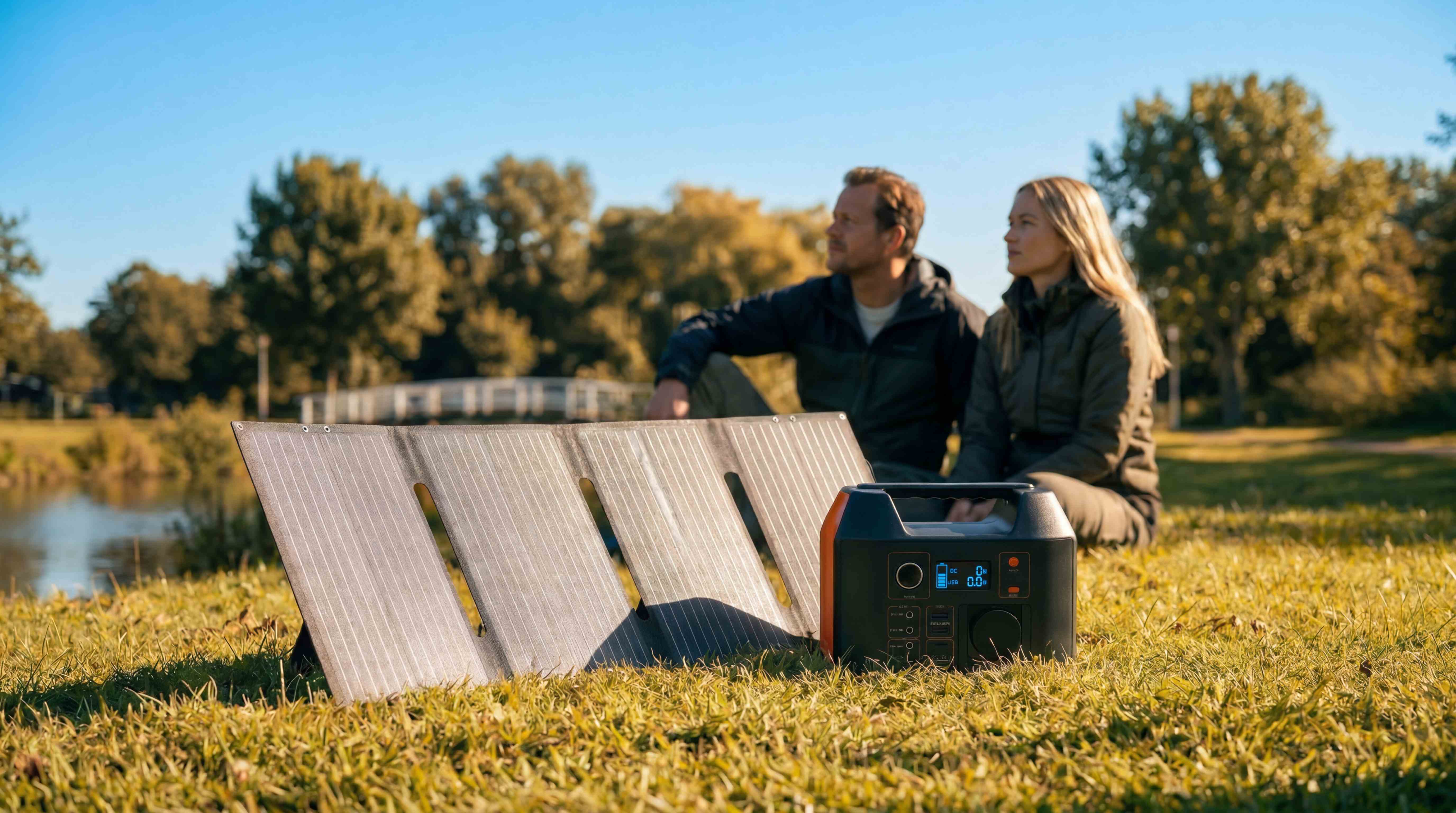 Zonnepaneel laadt powerstation op in het park